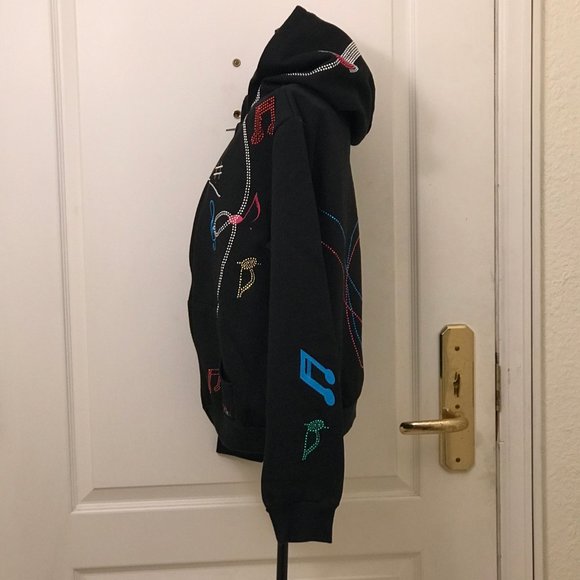 Rare Platinum Plush Black Full Zip Fleece Hoodie With Multicolor Musical Notes - Picture 6 of 10